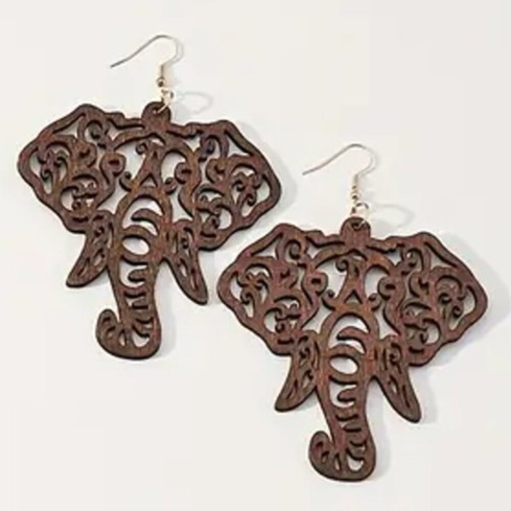 NEW Hippie Boho Big Wooden Wood Carved Elephant Earrings